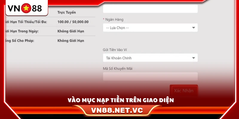 Chọn “Nạp tiền” hiển thị trên giao diện